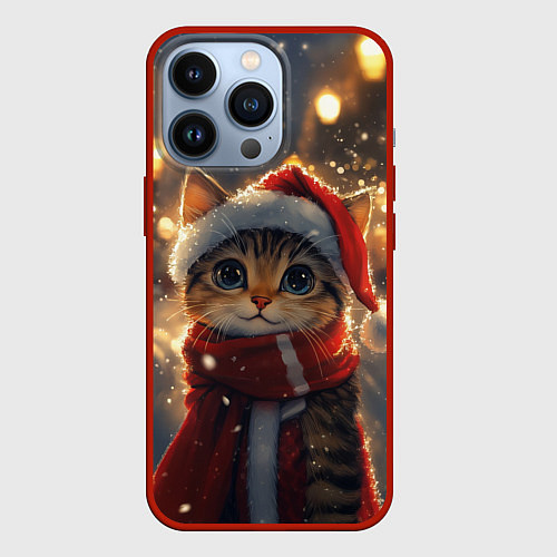 Чехол iPhone 13 Pro Новогодний котик и фонари / 3D-Красный – фото 1