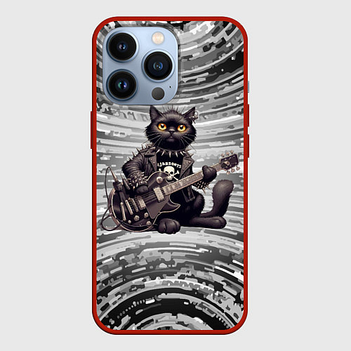 Чехол iPhone 13 Pro Чёрный кот играет на гитаре - нейроарт / 3D-Красный – фото 1