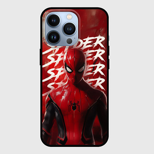 Чехол iPhone 13 Pro Spider-man red background / 3D-Черный – фото 1