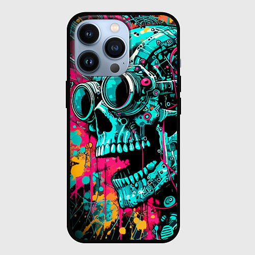 Чехол iPhone 13 Pro Cyber skull sketch - color blots / 3D-Черный – фото 1