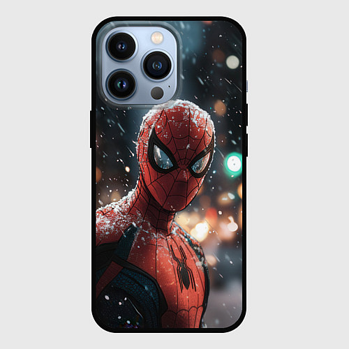 Чехол iPhone 13 Pro Spider man на фоне снегопада / 3D-Черный – фото 1