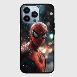 Чехол для iPhone 13 Pro Spider man на фоне снегопада, цвет: 3D-черный