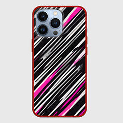 Чехол для iPhone 13 Pro Диагональные розово-белые полосы на чёрном фоне, цвет: 3D-красный