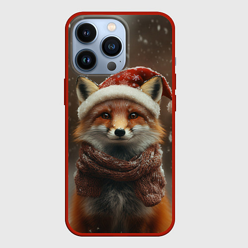 Чехол iPhone 13 Pro Лисица в новогодней шапочке / 3D-Красный – фото 1