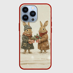Чехол для iPhone 13 Pro Зайчата идут на новый год, цвет: 3D-красный