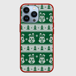 Чехол для iPhone 13 Pro Вязаный зимний узор с зайцами и ёлками, цвет: 3D-красный