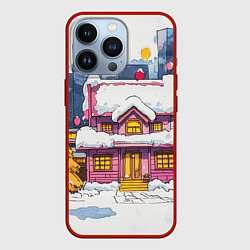 Чехол для iPhone 13 Pro Розовый новогодний домик, цвет: 3D-красный