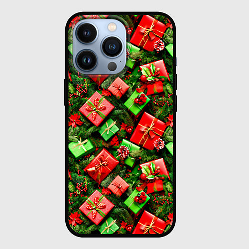 Чехол iPhone 13 Pro Новогодние подарки в коробках / 3D-Черный – фото 1