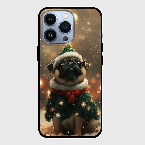 Чехол iPhone 13 Pro Мопс в костюме елки / 3D-Черный – фото 1