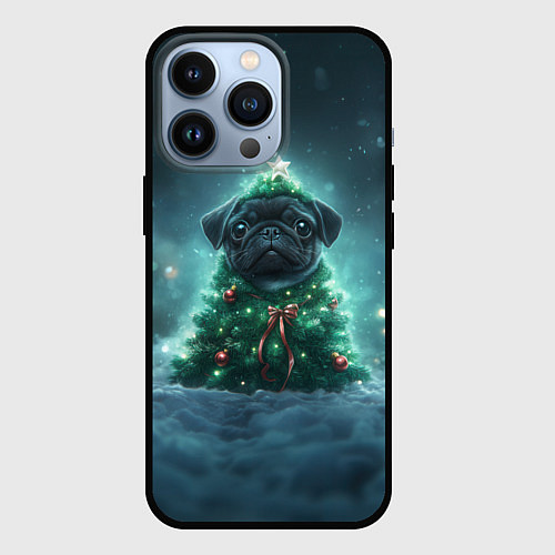 Чехол iPhone 13 Pro Черный мопс - елка / 3D-Черный – фото 1