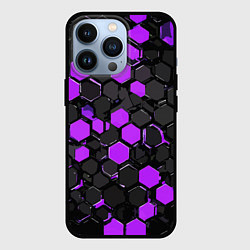 Чехол для iPhone 13 Pro Фиолетово-серые шестиугольники на чёрном фоне, цвет: 3D-черный