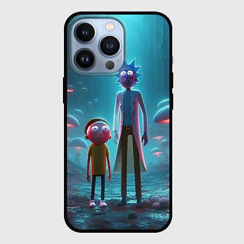 Чехол iPhone 13 Pro Морти и Рик в сказочном неоновом грибном лесу / 3D-Черный – фото 1