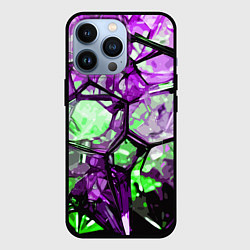 Чехол iPhone 13 Pro Чёрно-зелёная абстракция на фиолетовом фоне