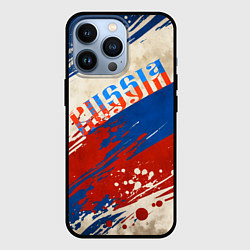 Чехол iPhone 13 Pro Надпись Россия на фоне цветов флага