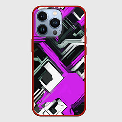 Чехол iPhone 13 Pro Бело-фиолетовый техно паттерн на чёрном фоне