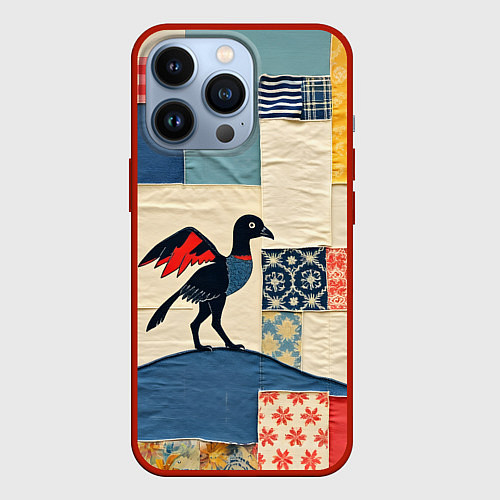 Чехол iPhone 13 Pro Пэчворк с фантастической птицей / 3D-Красный – фото 1