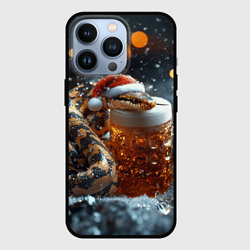 Чехол iPhone 13 Pro Новогодняя змея и кружка пива / 3D-Черный – фото 1