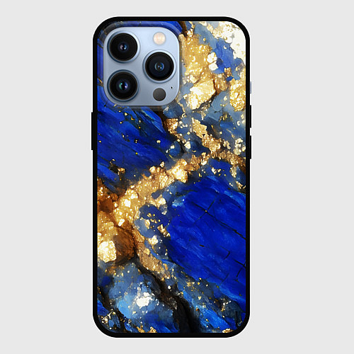 Чехол iPhone 13 Pro Золотой минерал в синем камне / 3D-Черный – фото 1