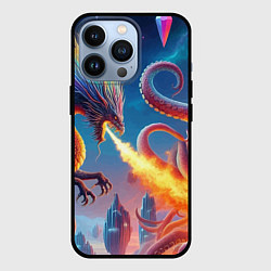 Чехол для iPhone 13 Pro Огнедышащий дракон против осьминога - нейроарт фан, цвет: 3D-черный