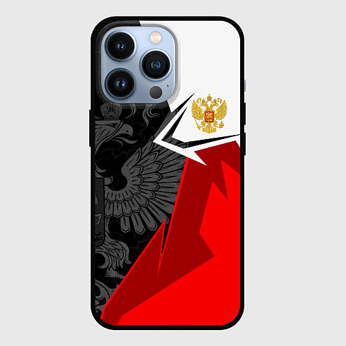 Чехол iPhone 13 Pro Герб России - красно-белый / 3D-Черный – фото 1