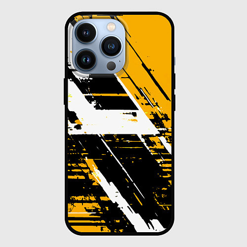 Чехол iPhone 13 Pro Diagonal black and white stripes on a yellow backg / 3D-Черный – фото 1