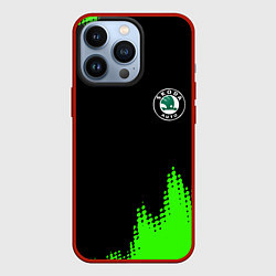 Чехол для iPhone 13 Pro Skoda краски зеленые, цвет: 3D-красный