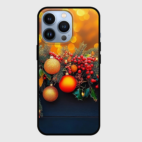 Чехол iPhone 13 Pro Новогодние шары и рябина / 3D-Черный – фото 1