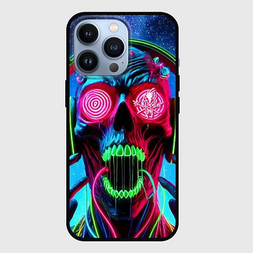 Чехол iPhone 13 Pro Metallica - neon skull with headphones / 3D-Черный – фото 1