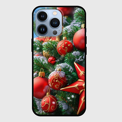 Чехол iPhone 13 Pro Красные шары и звезда новогодняя / 3D-Черный – фото 1