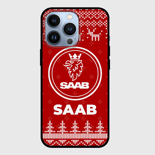 Чехол iPhone 13 Pro Новогодний Saab с оленями / 3D-Черный – фото 1