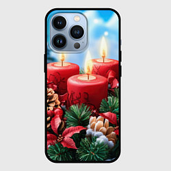 Чехол для iPhone 13 Pro Рождество - свечи и шишки, цвет: 3D-черный