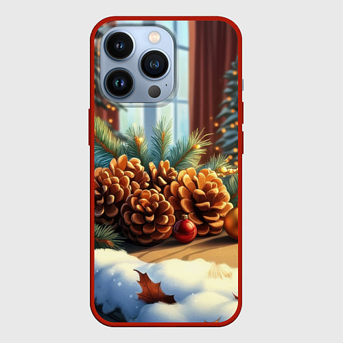 Чехол iPhone 13 Pro Новогодние шишки / 3D-Красный – фото 1