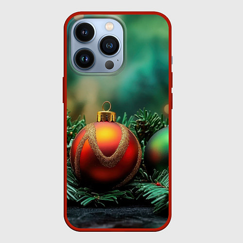 Чехол iPhone 13 Pro Новогодние шары на ветках / 3D-Красный – фото 1