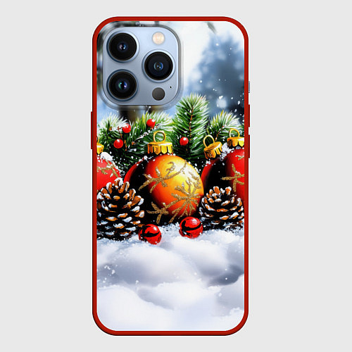 Чехол iPhone 13 Pro Красные и желтый новогодние шары / 3D-Красный – фото 1