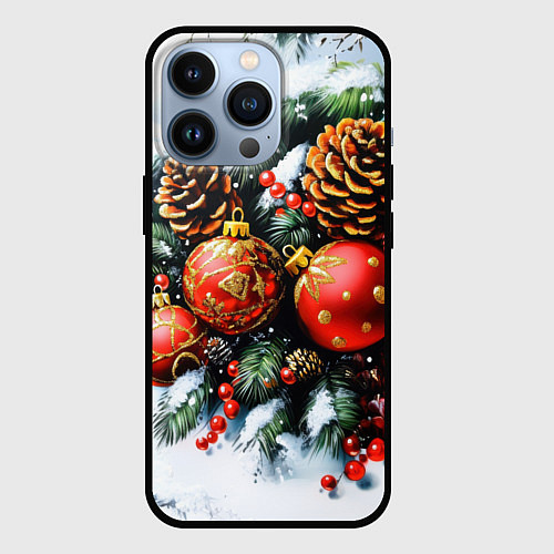 Чехол iPhone 13 Pro Новогодние игрушки и рябина / 3D-Черный – фото 1