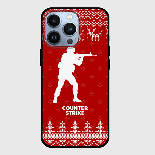 Чехол iPhone 13 Pro Новогодний Counter Strike с оленями / 3D-Черный – фото 1