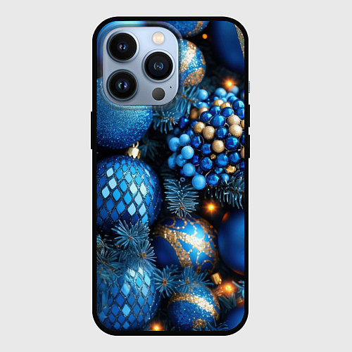 Чехол iPhone 13 Pro Синие новогодние игрушки на елке / 3D-Черный – фото 1