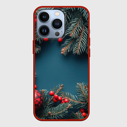 Чехол iPhone 13 Pro Новогодний фон и рябина / 3D-Красный – фото 1