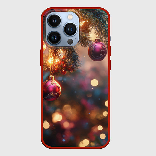 Чехол iPhone 13 Pro Фиолетовые новогодние шары / 3D-Красный – фото 1