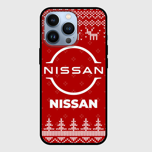 Чехол iPhone 13 Pro Новогодний Nissan с оленями / 3D-Черный – фото 1