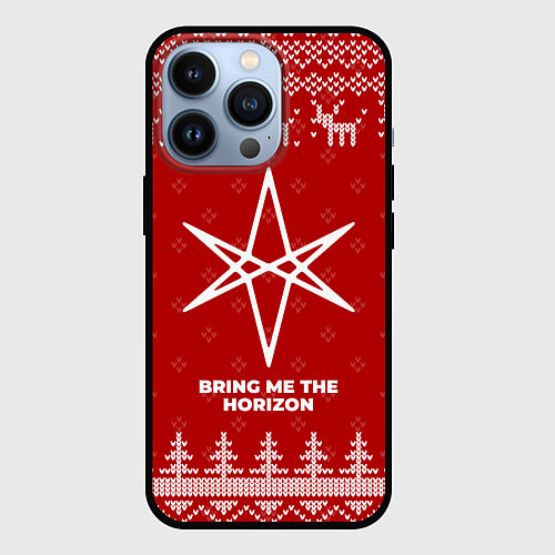 Чехол iPhone 13 Pro Новогодний Bring Me the Horizon с оленями / 3D-Черный – фото 1