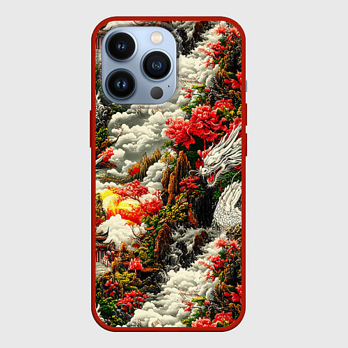 Чехол iPhone 13 Pro Дракон в небесном храме - нейросеть / 3D-Красный – фото 1