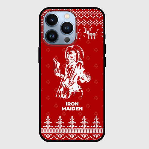 Чехол iPhone 13 Pro Новогодний Iron Maiden с оленями / 3D-Черный – фото 1