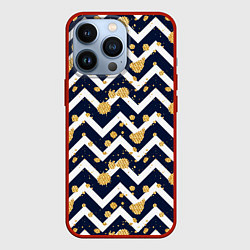 Чехол для iPhone 13 Pro Золотые кляксы на фоне бело-синего паттерна, цвет: 3D-красный