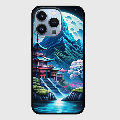 Чехол iPhone 13 Pro Пейзаж Японии и горы / 3D-Черный – фото 1