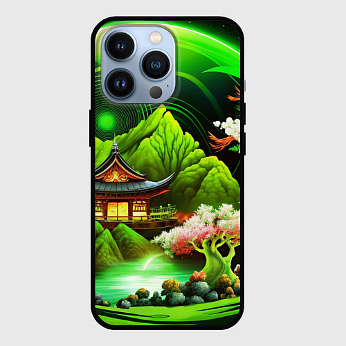Чехол iPhone 13 Pro Природа Японии в зеленых цветах / 3D-Черный – фото 1