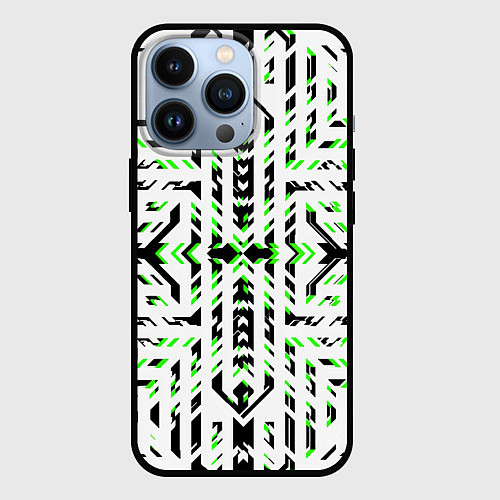 Чехол iPhone 13 Pro Чёрно-зелёный диагональные полосы на белом фоне / 3D-Черный – фото 1