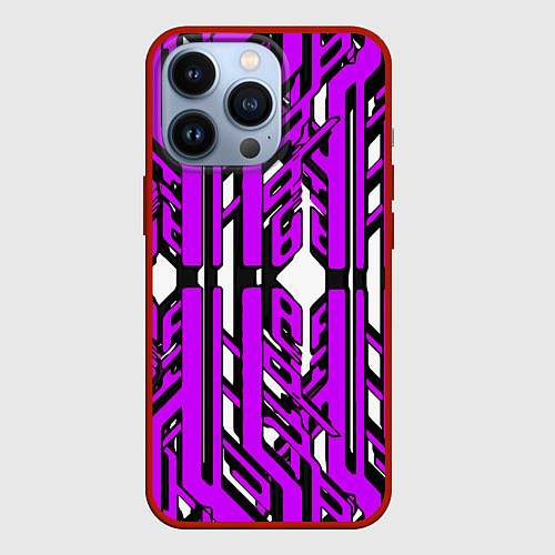 Чехол iPhone 13 Pro Чёрно-фиолетовые техно полосы на белом фоне / 3D-Красный – фото 1