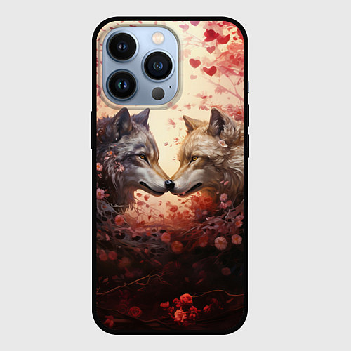 Чехол iPhone 13 Pro Волк и волчица в бутонах цветов / 3D-Черный – фото 1