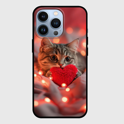 Чехол iPhone 13 Pro Кошечка с сердечком и с гирляндой / 3D-Черный – фото 1
